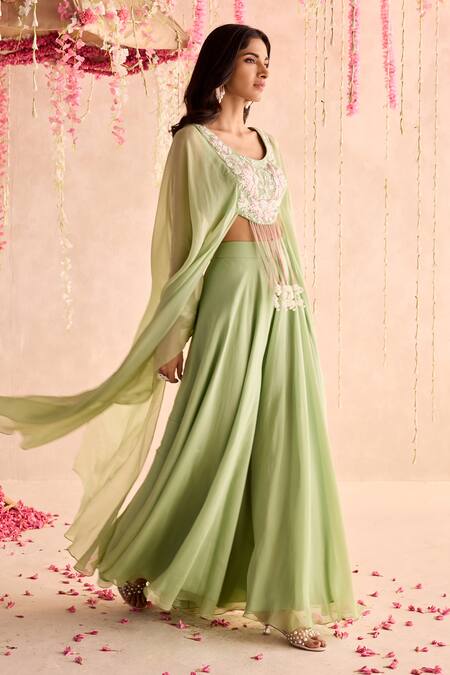 Seema Thukral Green Organza, Georgette, Satin Tassels, Embellished Blouse And Sharara Set at Aza Fashions Seema Thukral_Green Organza, Georgette, Satin Tassels, Embellished Blouse And Sharara Set _at_Aza_Fashions