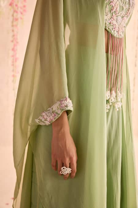 Buy Seema Thukral Green Organza, Georgette, Satin Tassels, Embellished Blouse And Sharara Set Buy_Seema Thukral_Green Organza, Georgette, Satin Tassels, Embellished Blouse And Sharara Set
