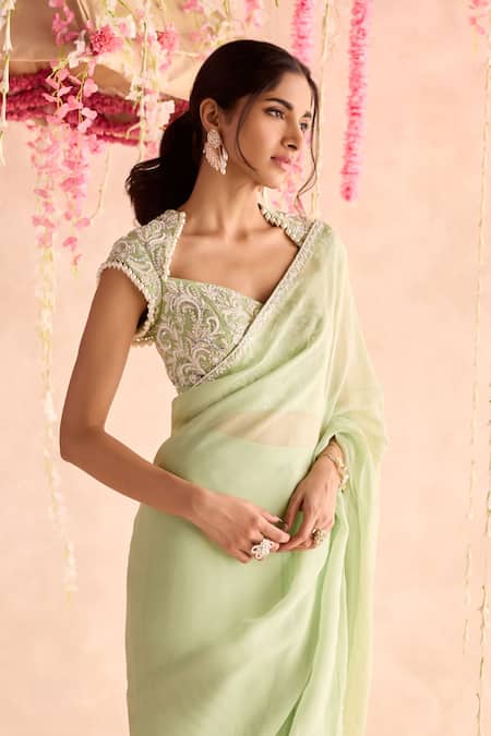 Buy_Seema Thukral_Green Organza, Georgette Embroidery Round Neck Embellished Pre-draped Saree Set _Online_at_Aza_Fashions