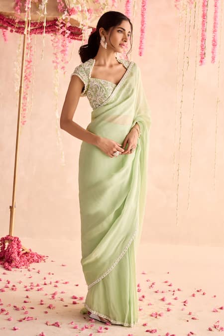 Shop_Seema Thukral_Green Organza, Georgette Embroidery Round Neck Embellished Pre-draped Saree Set _Online_at_Aza_Fashions