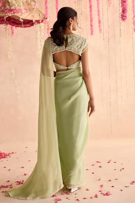 Seema Thukral_Green Organza, Georgette Embroidery Round Neck Embellished Pre-draped Saree Set _Online_at_Aza_Fashions