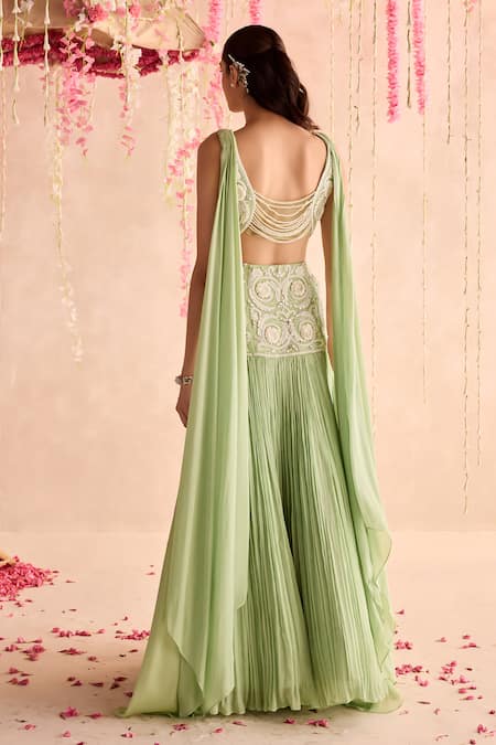Seema Thukral Green Chiffon, Satin Embroidery Sweetheart Neck Embellished Blouse And Lehenga Set Online at Aza Fashions Seema Thukral_Green Chiffon, Satin Embroidery Sweetheart Neck Embellished Blouse And Lehenga Set _Online_at_Aza_Fashions