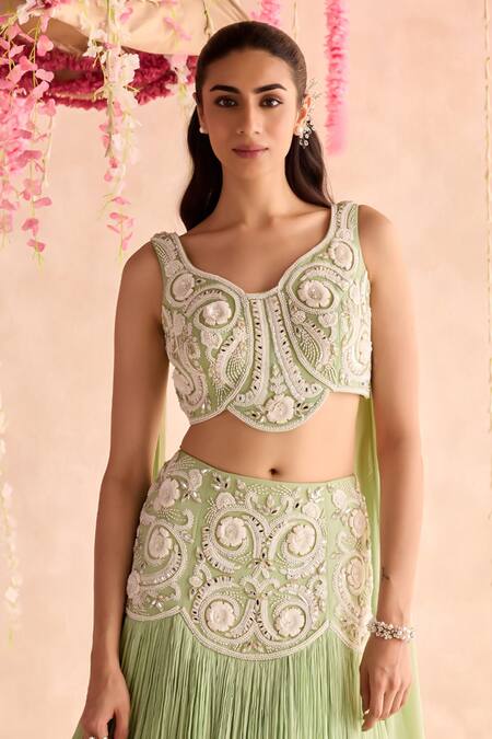 Buy Seema Thukral Green Chiffon, Satin Embroidery Sweetheart Neck Embellished Blouse And Lehenga Set Online at Aza Fashions Buy_Seema Thukral_Green Chiffon, Satin Embroidery Sweetheart Neck Embellished Blouse And Lehenga Set _Online_at_Aza_Fashions