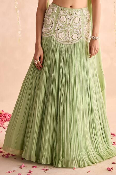 Shop Seema Thukral Green Chiffon, Satin Embroidery Sweetheart Neck Embellished Blouse And Lehenga Set Online at Aza Fashions Shop_Seema Thukral_Green Chiffon, Satin Embroidery Sweetheart Neck Embellished Blouse And Lehenga Set _Online_at_Aza_Fashions