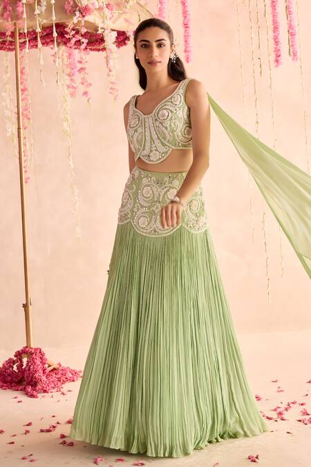 Seema Thukral Green Chiffon, Satin Embroidery Sweetheart Neck Embellished Blouse And Lehenga Set at Aza Fashions Seema Thukral_Green Chiffon, Satin Embroidery Sweetheart Neck Embellished Blouse And Lehenga Set _at_Aza_Fashions