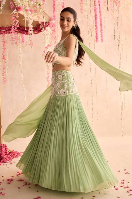Buy Seema Thukral Green Chiffon, Satin Embroidery Sweetheart Neck Embellished Blouse And Lehenga Set Buy_Seema Thukral_Green Chiffon, Satin Embroidery Sweetheart Neck Embellished Blouse And Lehenga Set