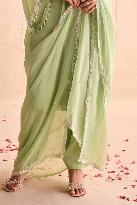 Seema Thukral Green Organza, Satin Embroidery Round Neck Embellished Pleated Kurta Set Online at Aza Fashions Seema Thukral_Green Organza, Satin Embroidery Round Neck Embellished Pleated Kurta Set _Online_at_Aza_Fashions