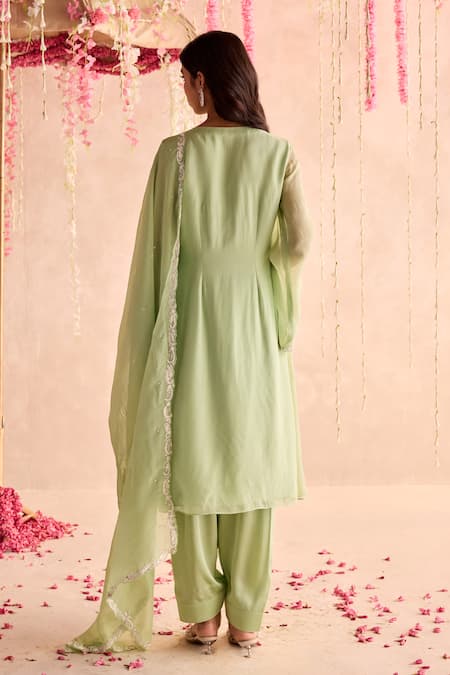 Shop Seema Thukral Green Organza, Satin Embroidery Round Neck Embellished Pleated Kurta Set at Aza Fashions Shop_Seema Thukral_Green Organza, Satin Embroidery Round Neck Embellished Pleated Kurta Set _at_Aza_Fashions