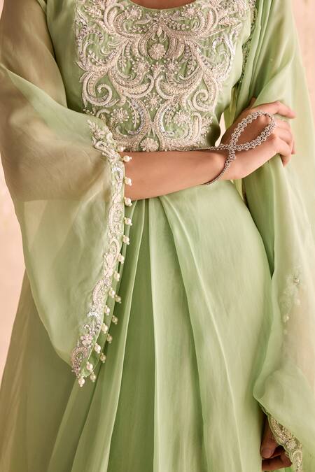 Shop Seema Thukral Green Organza, Satin Embroidery Round Neck Embellished Pleated Kurta Set Online at Aza Fashions Shop_Seema Thukral_Green Organza, Satin Embroidery Round Neck Embellished Pleated Kurta Set _Online_at_Aza_Fashions