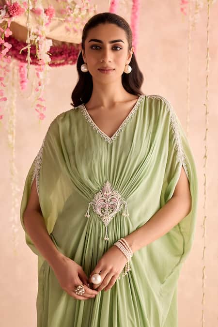Seema Thukral_Green Chiffon, Satin Embroidery V-neck Embellished Draped Kaftan _Online_at_Aza_Fashions