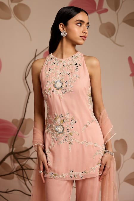 Seema Thukral_Pink Georgette, Organza, Net Embellished Kurta Set With Pants And Dupatta _Online_at_Aza_Fashions