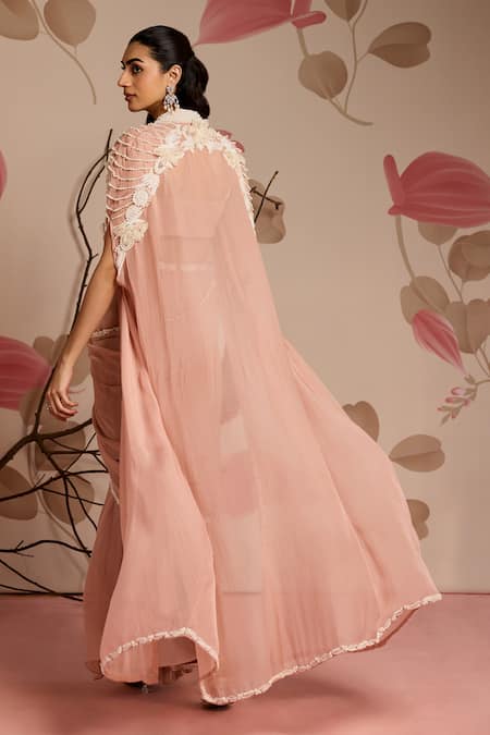 Shop_Seema Thukral_Pink Organza, Georgette Embellished Cape Jacket And Pre-draped Saree Set _at_Aza_Fashions