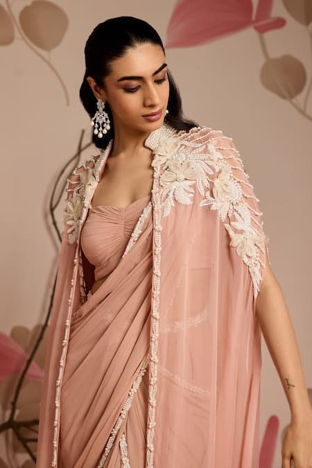 Shop_Seema Thukral_Pink Organza, Georgette Embellished Cape Jacket And Pre-draped Saree Set _Online_at_Aza_Fashions