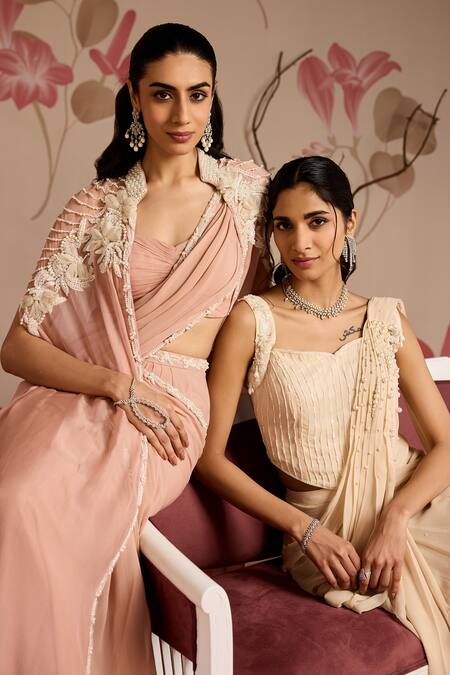 Seema Thukral_Pink Organza, Georgette Embellished Cape Jacket And Pre-draped Saree Set _at_Aza_Fashions
