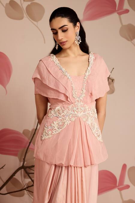 Buy Seema Thukral Pink Organza, Satin Embroidery V-neck Embellished Peplum Top And Draped Skirt Set Online at Aza Fashions Buy_Seema Thukral_Pink Organza, Satin Embroidery V-neck Embellished Peplum Top And Draped Skirt Set _Online_at_Aza_Fashions