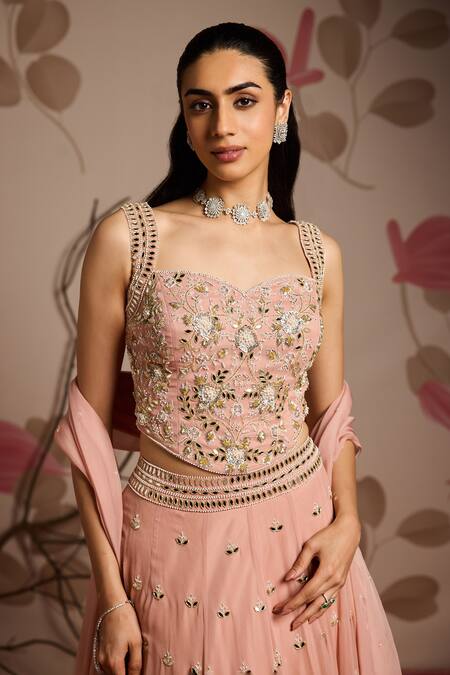 Seema Thukral_Pink Georgette, Organza, Satin Sequins, Beads Embellished Corset Lehenga Set _Online_at_Aza_Fashions
