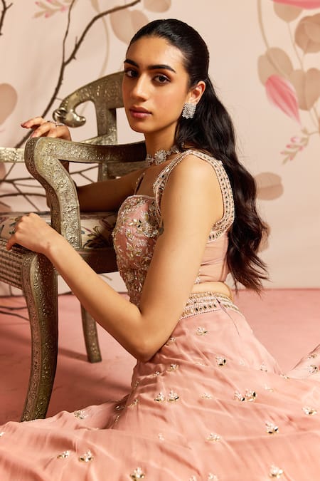 Buy_Seema Thukral_Pink Georgette, Organza, Satin Sequins, Beads Embellished Corset Lehenga Set _Online_at_Aza_Fashions