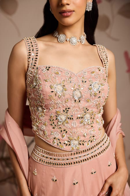 Shop_Seema Thukral_Pink Georgette, Organza, Satin Sequins, Beads Embellished Corset Lehenga Set _Online_at_Aza_Fashions