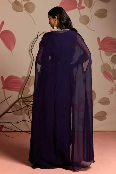 Shop_Seema Thukral_Blue Georgette, Organza Embellished Cape Jacket And Dhoti Style Saree Set _at_Aza_Fashions