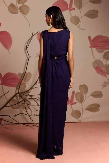 Seema Thukral_Blue Georgette, Organza Embellished Cape Jacket And Dhoti Style Saree Set _Online_at_Aza_Fashions