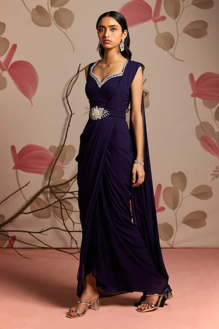 Buy_Seema Thukral_Blue Georgette, Organza Embellished Cape Jacket And Dhoti Style Saree Set _Online_at_Aza_Fashions