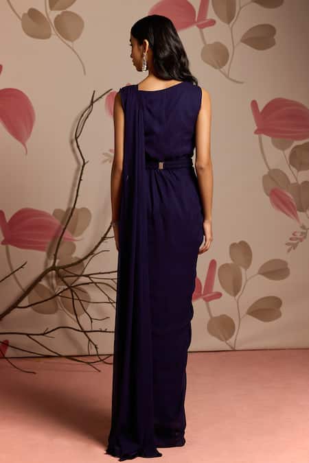 Seema Thukral_Blue Georgette, Satin Embroidery Embellished Dhoti Style Draped Saree Set _Online_at_Aza_Fashions