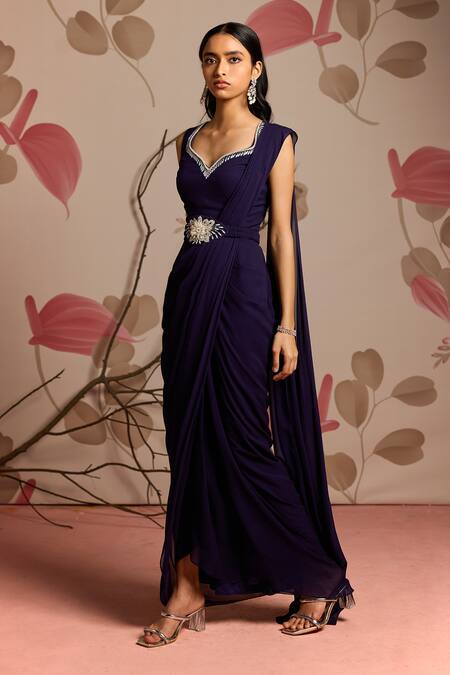 Buy_Seema Thukral_Blue Georgette, Satin Embroidery Embellished Dhoti Style Draped Saree Set _Online_at_Aza_Fashions