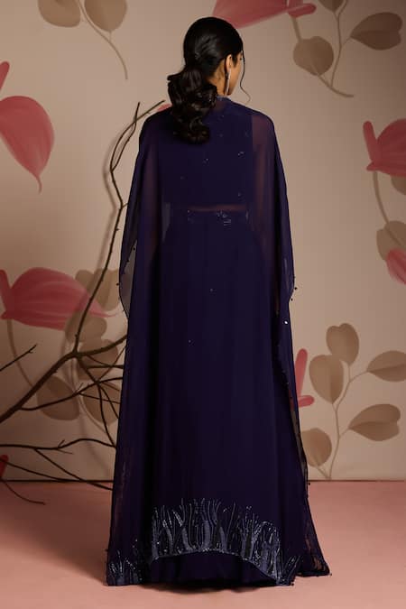 Shop Seema Thukral Blue Georgette, Organza, Satin Sequins, Embellished Blouse And Cape Lehenga Set at Aza Fashions Shop_Seema Thukral_Blue Georgette, Organza, Satin Sequins, Embellished Blouse And Cape Lehenga Set _at_Aza_Fashions