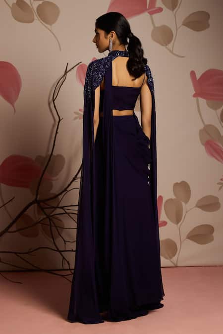 Shop Seema Thukral Blue Georgette, Chiffon Beads Sweetheart Embellished Blouse And Concept Saree Set at Aza Fashions Shop_Seema Thukral_Blue Georgette, Chiffon Beads Sweetheart Embellished Blouse And Concept Saree Set _at_Aza_Fashions