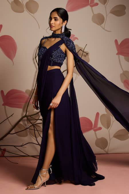 Buy Seema Thukral Blue Georgette, Chiffon Beads Sweetheart Embellished Blouse And Concept Saree Set Online at Aza Fashions Buy_Seema Thukral_Blue Georgette, Chiffon Beads Sweetheart Embellished Blouse And Concept Saree Set _Online_at_Aza_Fashions