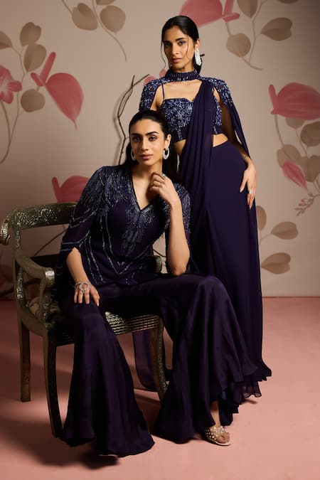Shop Seema Thukral Blue Georgette, Chiffon Beads Sweetheart Embellished Blouse And Concept Saree Set Online at Aza Fashions Shop_Seema Thukral_Blue Georgette, Chiffon Beads Sweetheart Embellished Blouse And Concept Saree Set _Online_at_Aza_Fashions