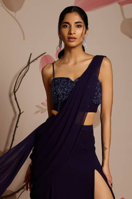 Buy_Seema Thukral_Blue Georgette, Satin Embroidery Round Neck Embellished Choli And Concept Saree _Online_at_Aza_Fashions