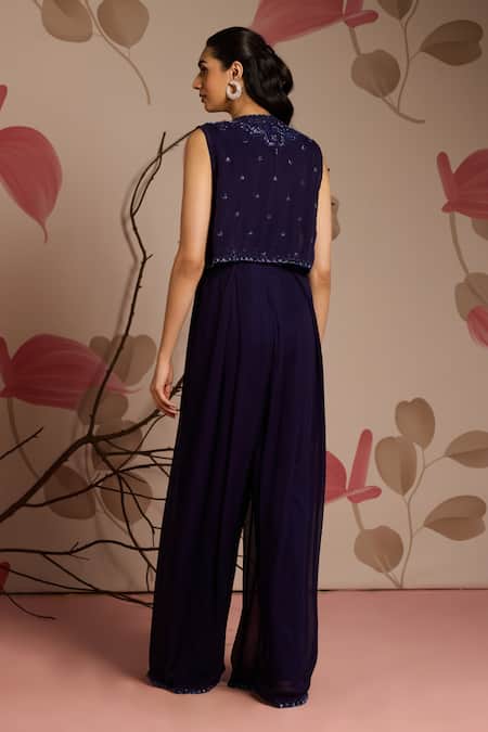 Shop Seema Thukral Blue Georgette, Organza Embroidery Sweetheart Neck, Embellished Jumpsuit Set at Aza Fashions Shop_Seema Thukral_Blue Georgette, Organza Embroidery Sweetheart Neck, Embellished Jumpsuit Set _at_Aza_Fashions