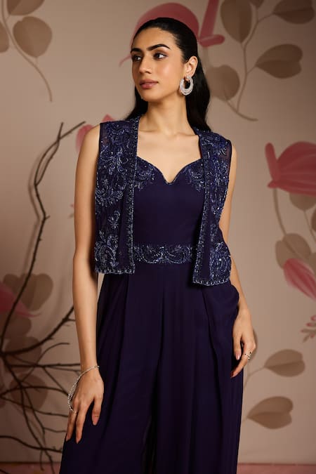 Seema Thukral Blue Georgette, Organza Embroidery Sweetheart Neck, Embellished Jumpsuit Set Online at Aza Fashions Seema Thukral_Blue Georgette, Organza Embroidery Sweetheart Neck, Embellished Jumpsuit Set _Online_at_Aza_Fashions