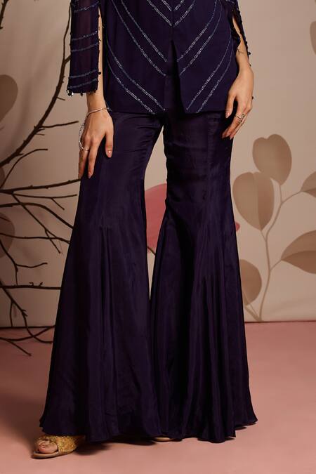 Seema Thukral_Blue Georgette, Silk Beads V-neck Embellished Jacket And Flared Pants Set _Online_at_Aza_Fashions