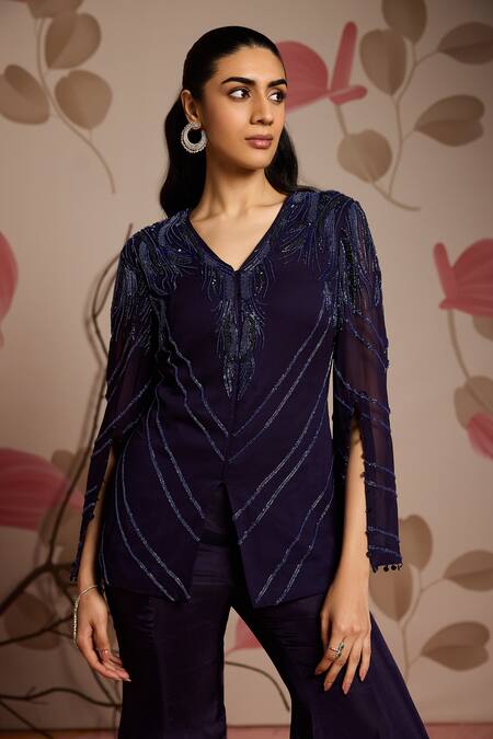 Buy_Seema Thukral_Blue Georgette, Silk Beads V-neck Embellished Jacket And Flared Pants Set _Online_at_Aza_Fashions