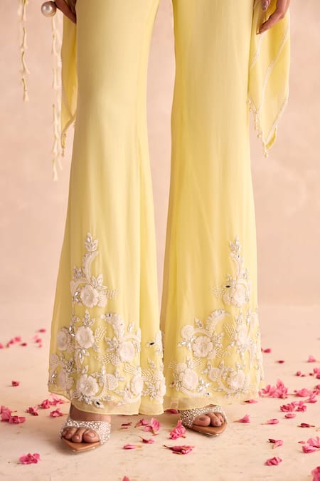 Buy_Seema Thukral_Yellow Georgette, Organza Embroidery Round Neck Embellished Kaftan And Pants Set _Online_at_Aza_Fashions