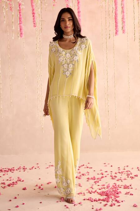 Shop_Seema Thukral_Yellow Georgette, Organza Embroidery Round Neck Embellished Kaftan And Pants Set _Online_at_Aza_Fashions
