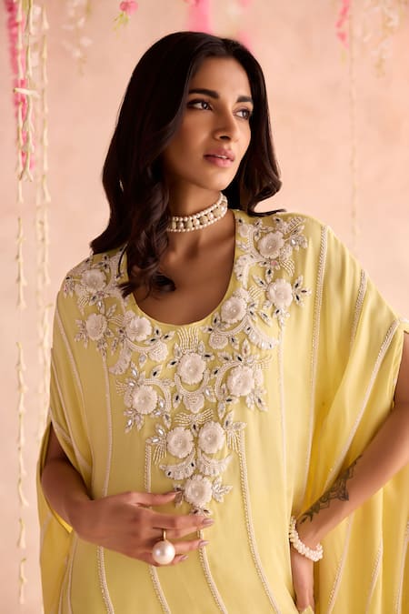 Seema Thukral_Yellow Georgette, Organza Embroidery Round Neck Embellished Kaftan And Pants Set _at_Aza_Fashions