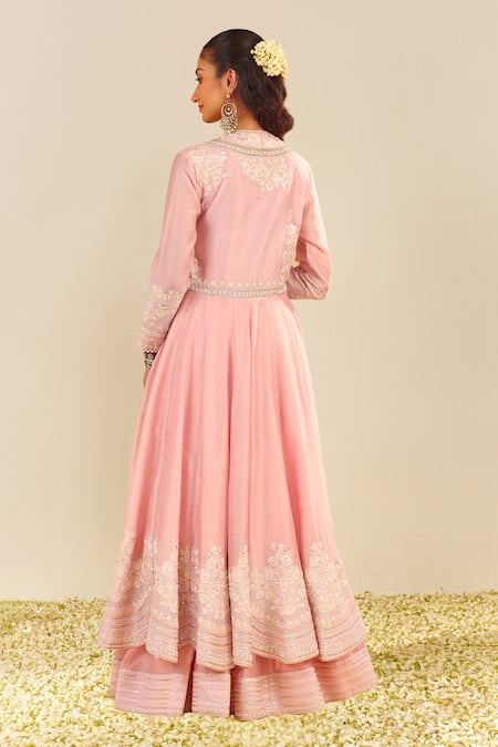Shop Sheetal Batra Blush Silk, Chanderi Embroidery V-neck Pink Anarkali Set at Aza Fashions Shop_Sheetal Batra_Blush Silk, Chanderi Embroidery V-neck Pink Anarkali Set _at_Aza_Fashions