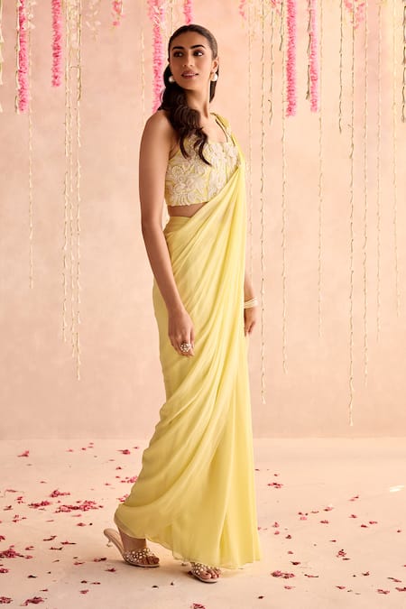 Buy_Seema Thukral_Yellow Georgette, Satin Embroidery, Embellished Blouse And Pre-draped Saree _Online_at_Aza_Fashions