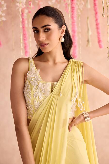 Shop_Seema Thukral_Yellow Georgette, Satin Embroidery, Embellished Blouse And Pre-draped Saree _Online_at_Aza_Fashions