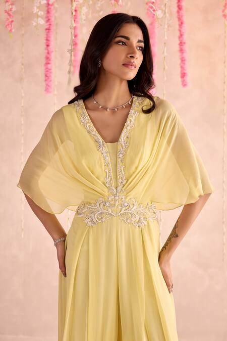 Buy Seema Thukral Yellow Georgette, Satin Embroidery V-neck Embellished Draped Pleated Jumpsuit Online at Aza Fashions Buy_Seema Thukral_Yellow Georgette, Satin Embroidery V-neck Embellished Draped Pleated Jumpsuit _Online_at_Aza_Fashions