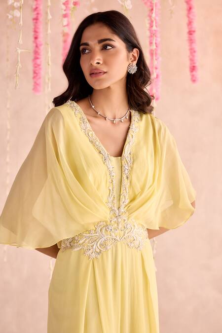 Shop Seema Thukral Yellow Georgette, Satin Embroidery V-neck Embellished Draped Pleated Jumpsuit Online at Aza Fashions Shop_Seema Thukral_Yellow Georgette, Satin Embroidery V-neck Embellished Draped Pleated Jumpsuit _Online_at_Aza_Fashions