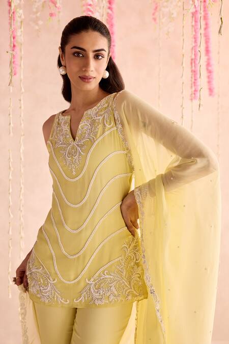 Shop_Seema Thukral_Yellow Georgette, Organza Embroidery Embellished Kurta Set With Sharara Pants _Online_at_Aza_Fashions