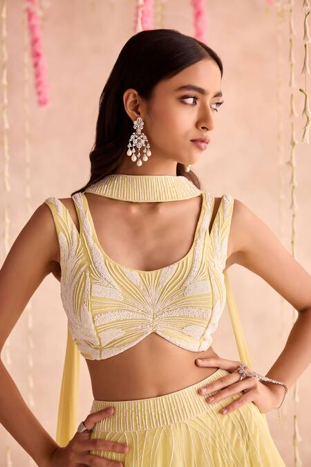 Shop Seema Thukral Yellow Georgette, Organza, Chiffon Embroidery Round Neck Embellished Lehenga Set Online at Aza Fashions Shop_Seema Thukral_Yellow Georgette, Organza, Chiffon Embroidery Round Neck Embellished Lehenga Set _Online_at_Aza_Fashions