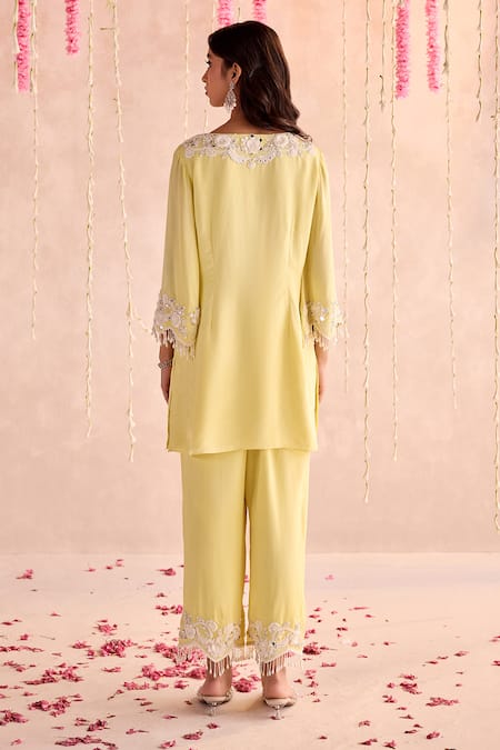 Seema Thukral Yellow Silk Tassels, Embroidery V-neck Embellished Kurta And Pants Set Online at Aza Fashions Seema Thukral_Yellow Silk Tassels, Embroidery V-neck Embellished Kurta And Pants Set _Online_at_Aza_Fashions