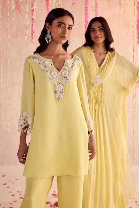 Buy Seema Thukral Yellow Silk Tassels, Embroidery V-neck Embellished Kurta And Pants Set Online at Aza Fashions Buy_Seema Thukral_Yellow Silk Tassels, Embroidery V-neck Embellished Kurta And Pants Set _Online_at_Aza_Fashions