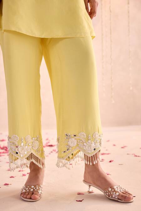 Shop Seema Thukral Yellow Silk Tassels, Embroidery V-neck Embellished Kurta And Pants Set Online at Aza Fashions Shop_Seema Thukral_Yellow Silk Tassels, Embroidery V-neck Embellished Kurta And Pants Set _Online_at_Aza_Fashions