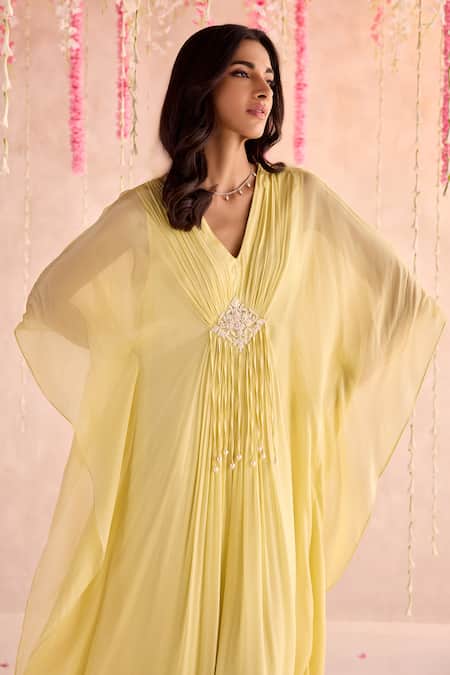 Seema Thukral Yellow Chiffon, Satin Tassels, Embroidery V-neck Embellished Draped Kaftan With Online at Aza Fashions Seema Thukral_Yellow Chiffon, Satin Tassels, Embroidery V-neck Embellished Draped Kaftan With _Online_at_Aza_Fashions